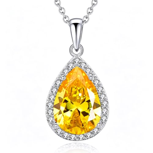 VONSSY Damenkette Edelstein Anhänger Halskette | Oval Teardrop Birne Kristall Rubin Smaragd Saphir Birthstone Halskette | Platin-Silber-Schmuckgeschenk (Gelb)