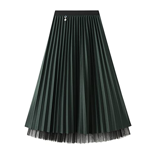 Jemsia Women's Reversible Tulle Skirt Midi A-line Elastic High Waisted Elegant Pleated Skirt with Ornament for Ladies Dark Green