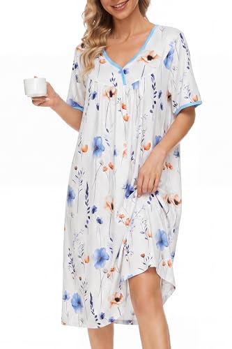Image of AVIIER Nightgows for Women Soft Cotton Night Shirts Short Sleeve Sleepwear with Pockets