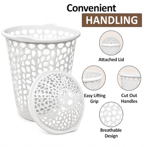 Image of KITCHIVO Plastic Large 55 Ltr Laundry Basket with Lid & Handle | Multipurpose Hamper Bins Storing Washable Clothes, Blankets | Household Ideal for Home & Bathroom (Round White)