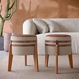 Kit 2 Puff Puf Couro E Linho Pés Em Madeira 45x32 Pix