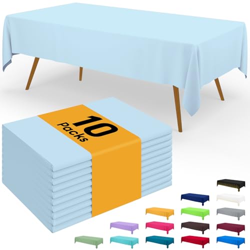 Image of Smiry Disposable Table Cloth - 10 Pack, 54 x 108 Inch Waterproof Rectangle Tablecloths for Parties, Decorative Plastic Table Cover, Leakproof & Sturdy, Baby Blue
