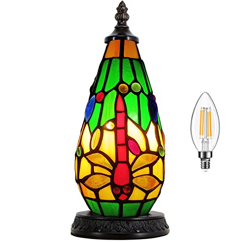 Zjart Tiffany Table Lamp Lighthouse Small Stained Glass Christmas Tree Night Light Bedisde Mini Tower Antique Accent Vintage Desk Light 11 Inch Multi-Color Dragonfly Style For Bedroom Desktop - Green #TOP22