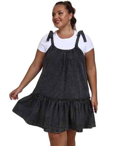 Image of Denim Dress for Women Tie Shoulder Sleeveless Denim Mini Dress Casual Flowy Babydoll Dress Wash Jean Dress