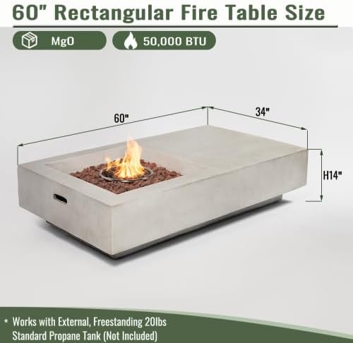 60" Propane Gas Fire Pit Table, 50000 BTU Rectangular Concrete Fire Pit for Outside Patio Deck Garden Backyard- Light Gray