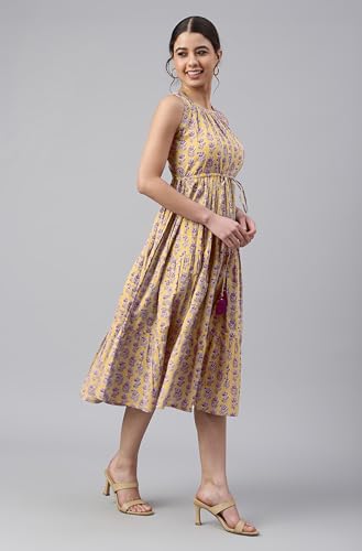 Image of Janasya Women's Cotton Floral Block Print Tiered Western Dress
