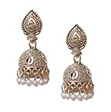 HemFashionJewels Pendientes tradicionales de plata india con perlas blancas pequeñas Jhumka Jhumki Bollywood, joyería delicada y ligera para mujer J4