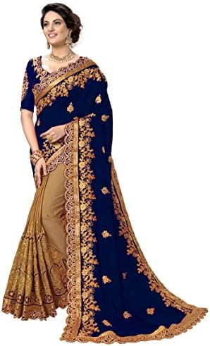 TRENDMALLS Women's Silk Satin Embroidery Saree with Unstitched Blouse (K810-Blue)