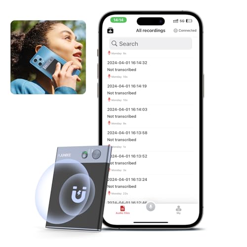 Gravador de voz Ajunbee AI, controle de aplicativo, transcrição resumida e tradução instantânea habi