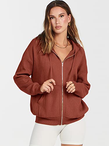 Anrabess Women's Oversized Hoodies Sweater 2023 Fall Clothes Fashion Cozy Long Sleeve Zip Up Casual Ribbed Knit Drawstring Hooded Sweatshirt Jacket Coat 791Xiuhong-L Rust #TOP6