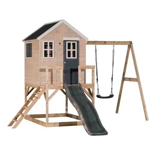 Wendi Toys M24 Stelzenhaus mit Rutsche und Schaukel, Spielhaus aus FSC-Holz für Kinder Garten Outdoor, Podesthöhe 90 cm, 330×350×242 cm, mit 175 cm Rutsche, Sandkasten, wetterfest