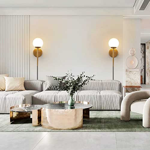 Image of BOKT Mid Century Modern Globe Wall Sconce Set of Two Plug in Cord Brushed Gold Bathroom Wall Sconce Light Set of 2 Plug in Frosted White Glass Bedroom Plug in Wall Lamp (White)