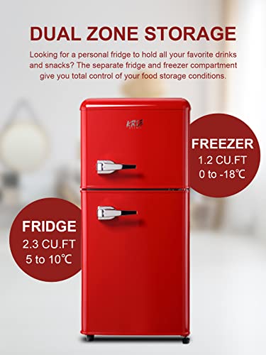 Krib Bling 3.5 Cu.ft Refrigerator 2 Door 7 Level Adjustable Thermostat Control Top-Freezer Refrigerator Lock Fresh Energy Saving Red #TOP3