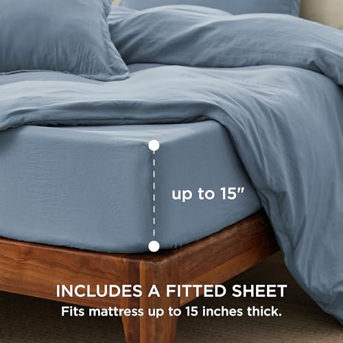 Image of Bedsure Duvet Cover Queen Size with Fitted Sheet - 4 Pieces Prewashed Cotton-Like Polyester Extra Soft Bedding Set, Includes 1 Duvet Cover 90x90 Inches, 2 Pillow Shams, 1 Fitted Sheet, Mineral Blue