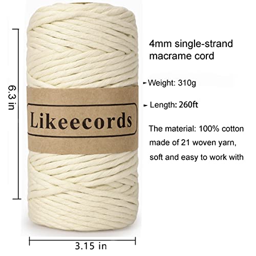 image for Likeecords 4mm Single Strand Macrame Cord Rope 80m Handmade Decoration