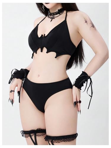 SweatyRocks Women's Gothic Bikini Sets Bat Bathing Suit Y2K Halter Triangle Swimsuits4