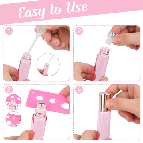 SONEER Roll on Glasflaschen für Ätherisches Öl, Roll on Flasche Leer 10 ml mit Edelstahl-Ball, Rollon Flaschen mit Öffner, Tropfer, Strohhalm, Etiketten für Aromatherapie Massage (Rosa, 6 Stück)