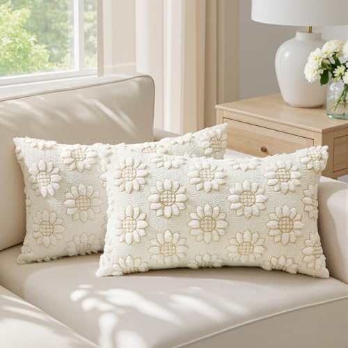 EMEMA Cream Floral Tufted Throw Pillow Covers, Set of 2 Soft Textured Decorative 12x20 Cushion Cases Bringing a Light, Cozy Layer to Sofa, Couch, Bedroom or Modern Farmhouse Living Room Décor