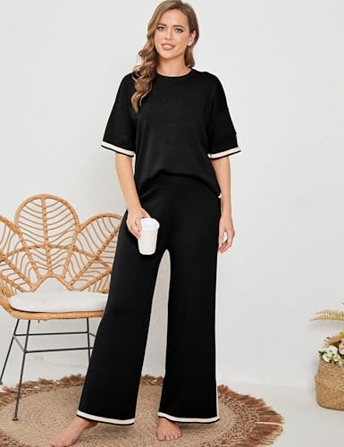 Image of Tanming Sweater Sets Women 2 Piece Lounge Sets Short Sleeve Knit Pullover Tops Wide Leg Pants