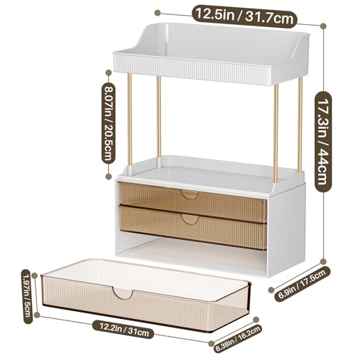 Image of caktraie 2 Pack Bathroom Organizers and Storage - 3 Drawers 2 Tier Makeup Organizer, Cosmetic Storage Drawer for Dresser Countertop and Bathroom Vanity for Large Skincare, Perfume, Amber