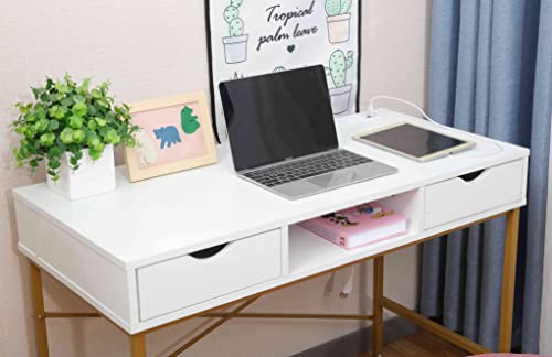 Jjs 40' Writing Desk With Power Outlet, Home Office Contemporary Large Computer Desk Laptop Workstation With Drawer Usb Ports Charging Station, White/Golden #TOP2