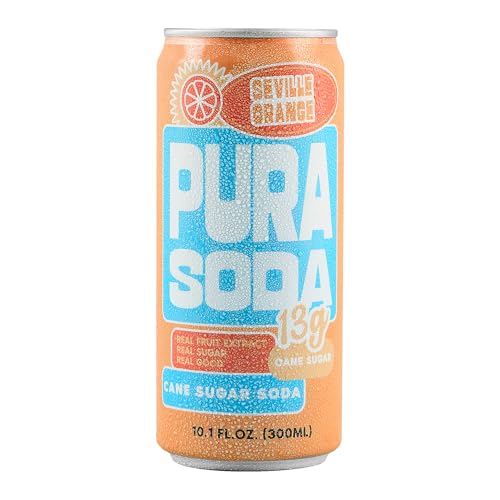 Image of PuraSoda Seville Orange - 12g Pure Cane Sugar Soda, 10 Fl Oz, Pack of 12 | Real Fruit Extract, Non-Gmo Vegan, No Stevia Or Artificial Sweeteners, 13g Cane Sugar, 10 Fl Oz Cans