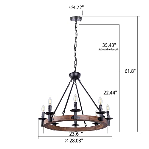 Wellmet 8 Lights Farmhouse Iron Chandeliers For Dining Rooms 28 Inch, Wagon Wheel Chandelier Candle Style, Rustic Hanging Ceiling Light Fixture Bedroom Living Room Foyer Hallway, Faux Wood Finish #TOP2
