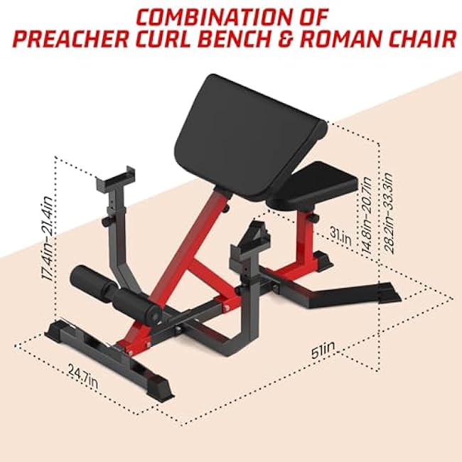 2-in-1 Roman Chair & Preacher Curl Bench Multi-Function Heavy-Duty Hyperextension Bench for Home with Adjustable Height for Arms, Ab, Back, Glute & Leg Extension Exercise Equipment for Home, Black