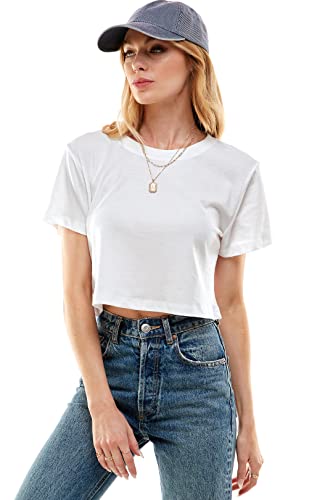 Women's Boxy Crop Top Round Neck Short Sleeve Casual 100% Cotton Cropped Tee T-Shirt3