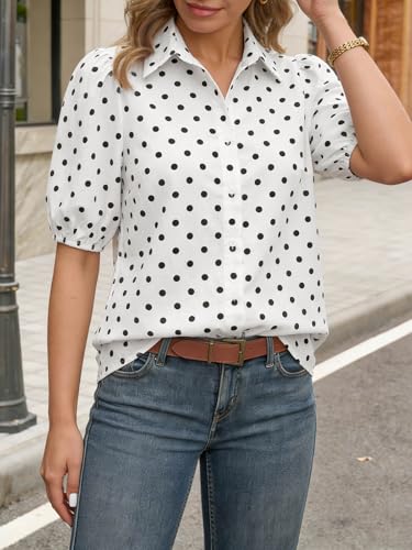 Image of Tankaneo Women's Button Down Shirts Short Puff Sleeve Collared Dressy Casual Blouse Tops