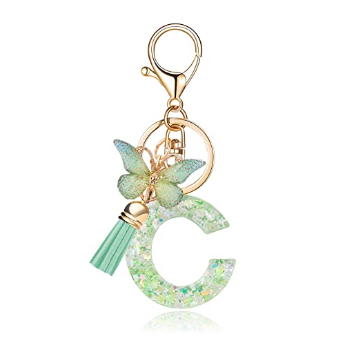 OKAICEN Fashion Alphabet Initial Letter Keychain Green Tassel Butterfly Pendant Key Ring for Purse Handbags Women Girl('C')