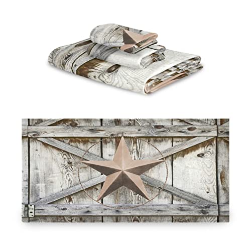 3 Piece Rustic Western Texas Star On Rustic Wooden Board Bath Towels Set Microfiber Absorbent Quick Dry Bathroom Towels (1 Bath Towel,1 Hand Towel,1 Washcloth) Decorative Luxury Towel For Spa Hotel #TOP1