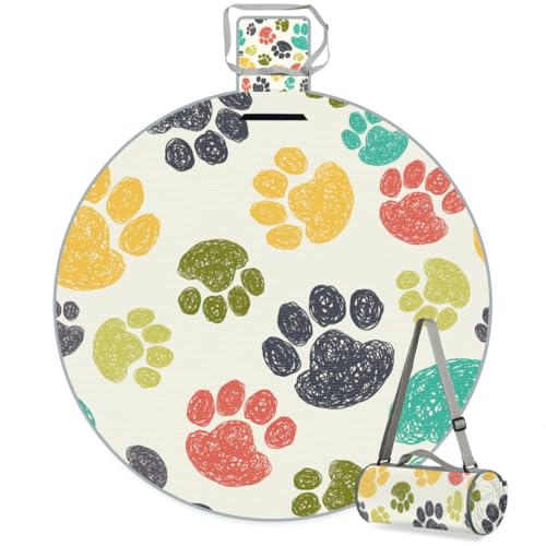 Shimoshe Colorful Paw Print Picnic Outdoor Blanket Foldable Waterproof Sandproof Beach Blanket Portable Water-Resistant Round Picnic Mat for Travel Camping Park Lawn