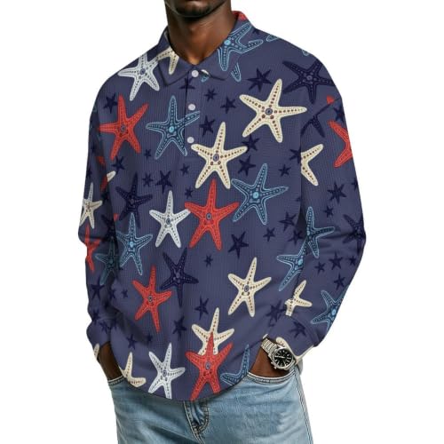SDGTCVBHSGD Mens Multicolor Coastal Starfish Turn-Down Polo Smart Long Sleeve Turn-Down Neck Flexible Sweatshirts for Casual Wear XX-Large