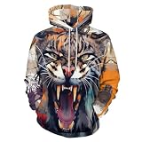 LODMLOER Hombre Sudaderas con Capucha Impresión 3D Gato Montés Rugiente Feroz Hoodie Grafiti Abstracto Jersey Informal de Manga Larga Disfraz Ropa de Calle con Bolsillo