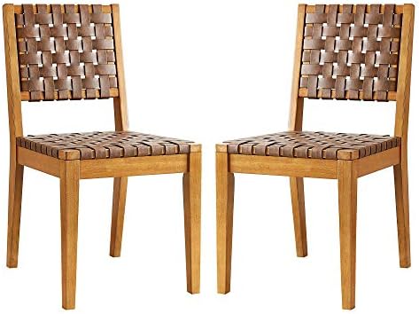 Amazon Brand - Rivet Faux Leather Woven Dining Chair with Wood Frame, Set of 2, Brown, 22"D x 18"W x 36"H