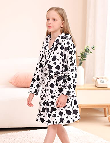Aideaone Girls Bathrobes Cow Plush Hooded Robe Soft Flannel Sleepwear With Pockets Size 13-14 #TOP2