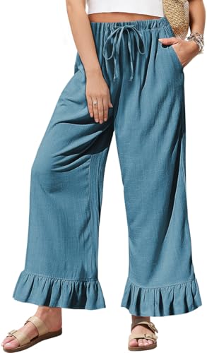 TARSE Womens Linen Casual Pants Flared Leg Wide Leg Drawstring Ruffle Harem Palazzo Pants with Pockets