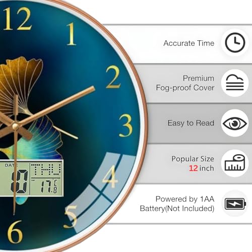 Image of Ash & Roh 12 Inch Silent Quatrz and Non-Ticking Wall Clock with Easy to Read Number and Analog Display Stylish & Decorative Design for Office, Living Room, Bedroom (Blue Flower Digital)