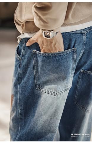 Jeans Pants Trousers Denim Workwear Retro Polished White Distressed Ripped Holes Washed Loose Classic for Men4