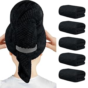 HOMEXCEL 5 Pack Large Microfiber Hair Towel Wrap for Women, Black- 40 x 20 inches Super Soft, Fast Drying Turbans for Long, Thick, Curly Hair – Anti Frizz Wrap with Elastic Strap
