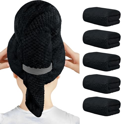 HOMEXCEL 5 Pack Large Microfiber Hair Towel Wrap for Women, Black- 40 x 20 inches Super Soft, Fast Drying Turbans for Long, Thick, Curly Hair - Anti Frizz Wrap with Elastic Strap
