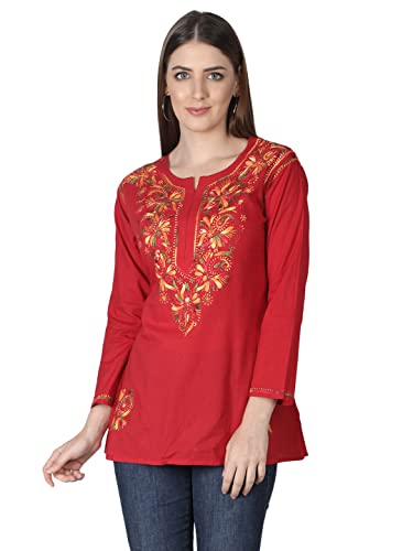 Image of Seva Chikan Hand Embroidered Lucknowi Chikankari Cotton Short Kurti Tunic Top for Women SCL4076