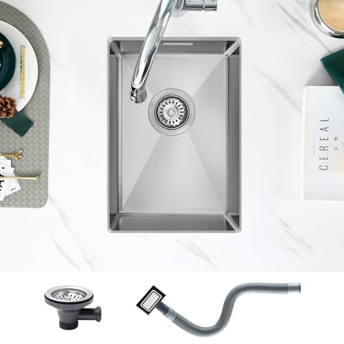 KEOKBON Fregadero de cocina de 35 x 50 cm, de acero inoxidable, rectangular, para armario inferior de 50 cm, fregadero de cocina, fregadero pequeño, incluye válvula de cesta y rebosadero