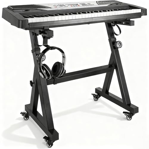 FREEAMG Keyboardständer, Z-Form Klavierständer, Robuster &Tragbarer Digitalpianoständer, Verstellbarer Klavierständer mit 4 Rollen & Kopfhörerhaken,Geeignet für Digitalpianos mit 54-88 Tasten, Schwarz