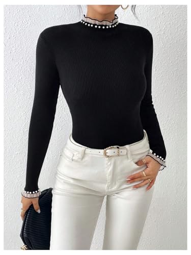 Verdusa Women's Pearl Sweaters Ruffle Trim Mock Neck Long Sleeve Slim Fit Pullovers3