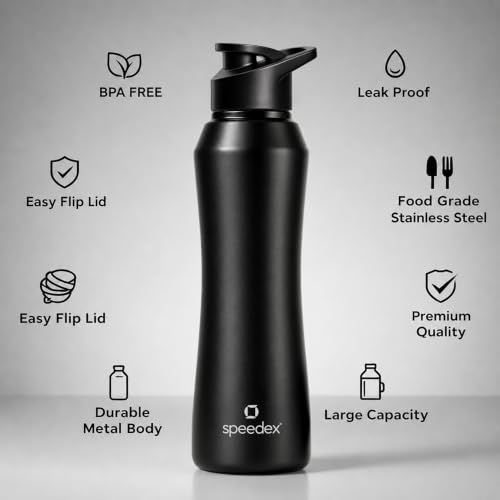 Image of Speedex Stainless Steel Water Bottle 1 Ltr, 1000 ml Metal Bottle For Daily, Leak Proof Sipper Cap, Office, School, Gym, Travel Use for Men, Women, Kids, Adults, Black, BIS Approved, Set of 1