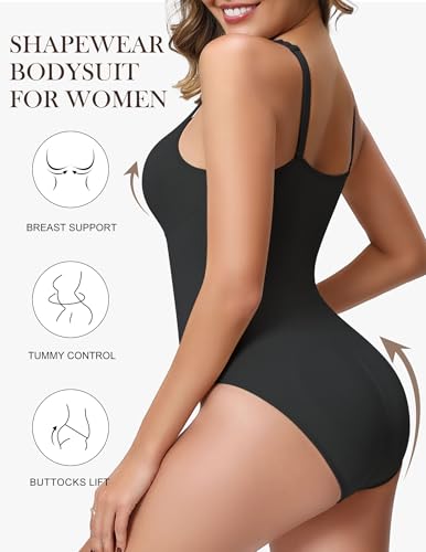 Image of Shapewear Bodysuits with Built in Bra Tummy Control Body Shaper | V Neck Wide Straps Compression Cami Faja Body Shaper with Crotch Hooks