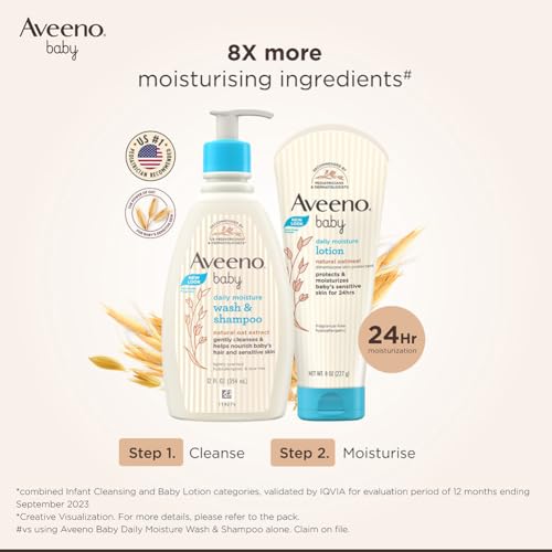 5. Bild von Aveeno Baby Daily Moisture Body Lotion für empfindliche Haut, natürliche kolloidale Haferflocken & Dimethicone, hypoallergene, feuchtigkeitsspendende Babylotion, parfümfrei, 532 ml