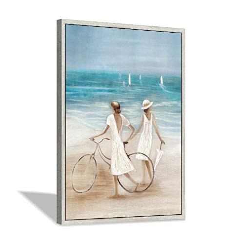 Hardy Gallery Abstract Beach Canvas Painting Picture: Hand Painted Coastal Artwork Women & Bicycle Wall Art Framed For Living Room (36” X 24” X1 Panel) #TOP15